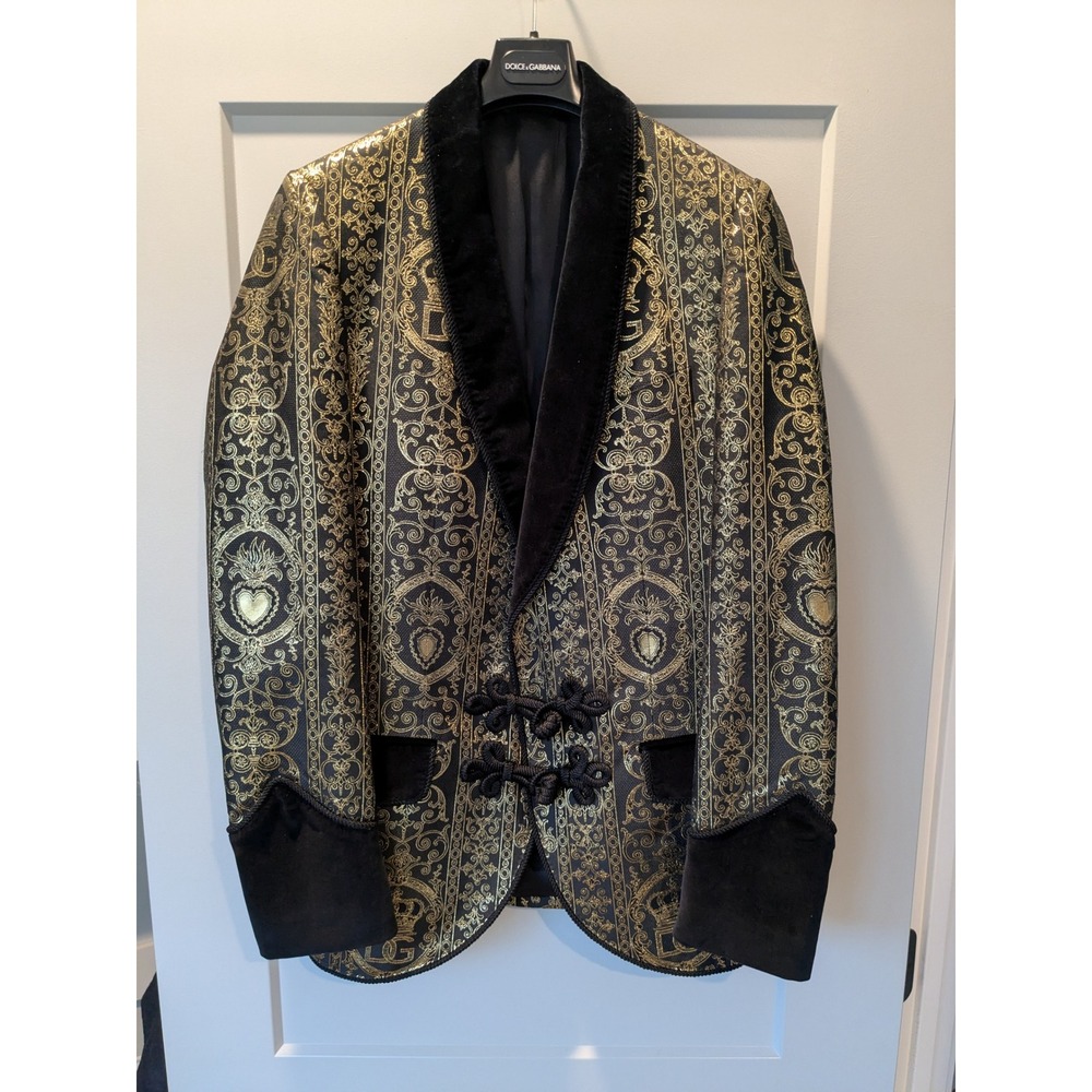 Dolce GabbanaBlack Gold Brocade Shawl Collar Blazer Jacket Made in Italy READ
